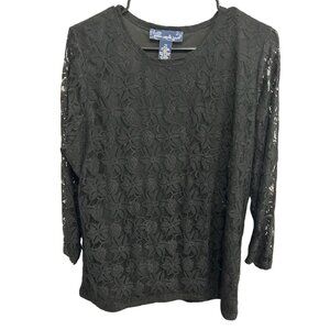 Susan Graver Style Womens Lace Top Black Long Sleeve Semi-Sheer Floral 1X Blouse